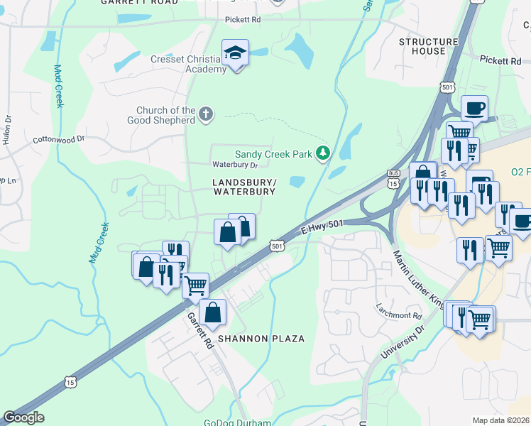 map of restaurants, bars, coffee shops, grocery stores, and more near 120 Landsbury Drive in Durham