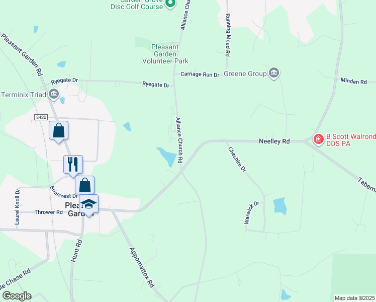 map of restaurants, bars, coffee shops, grocery stores, and more near 5041 Alliance Church Road in Pleasant Garden