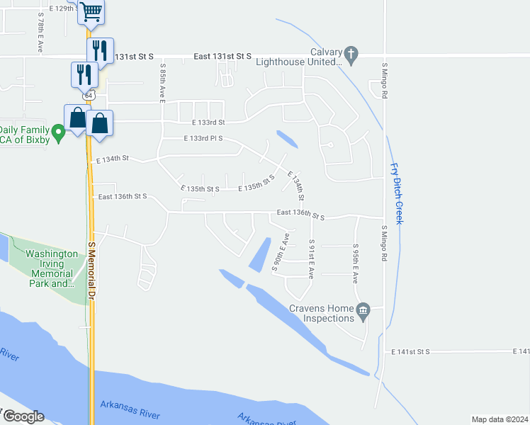 map of restaurants, bars, coffee shops, grocery stores, and more near 9001 East 136th Street South in Bixby