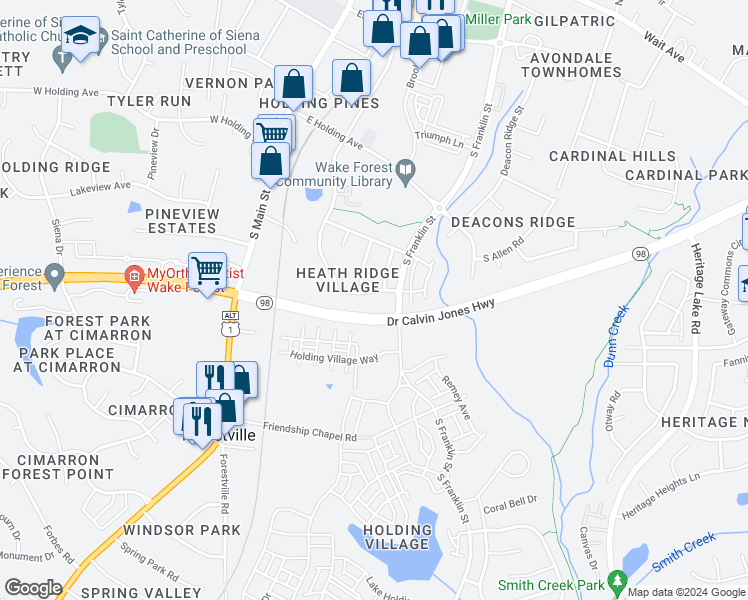 map of restaurants, bars, coffee shops, grocery stores, and more near 318 Sugar Maple Avenue in Wake Forest