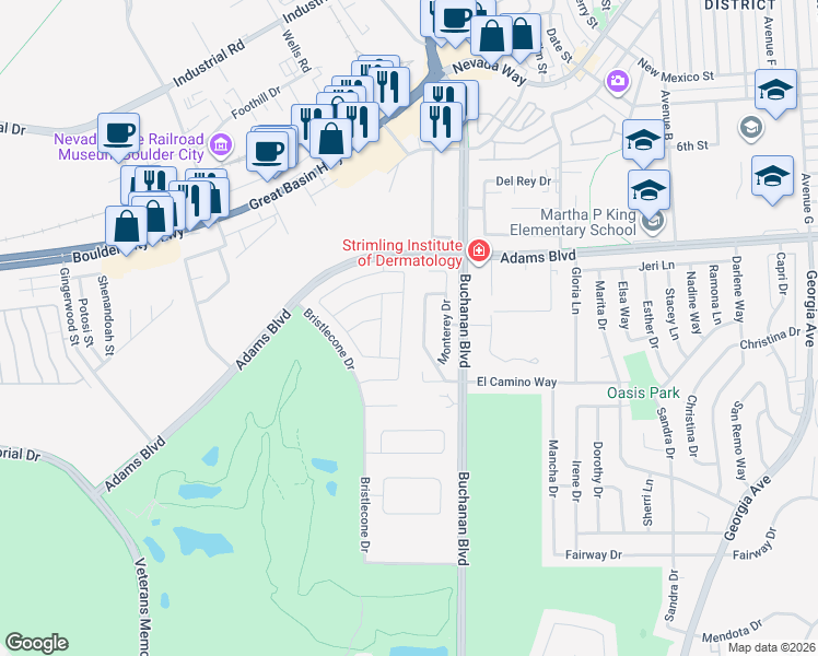 map of restaurants, bars, coffee shops, grocery stores, and more near 1401 Cattail Falls Street in Boulder City