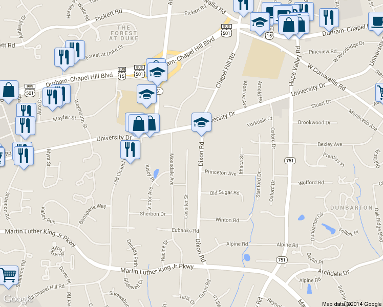 map of restaurants, bars, coffee shops, grocery stores, and more near 3109 Lassiter Street in Durham