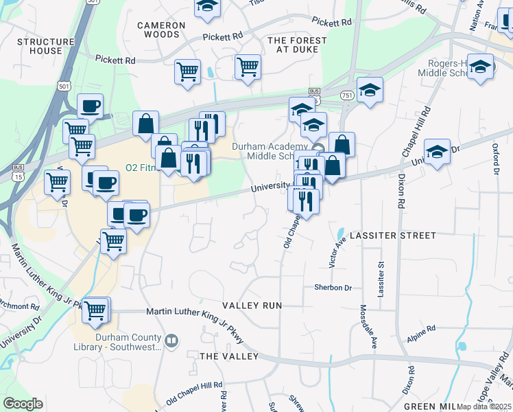 map of restaurants, bars, coffee shops, grocery stores, and more near 3611 University Drive in Durham