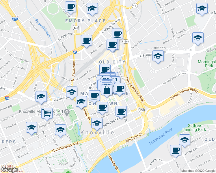 map of restaurants, bars, coffee shops, grocery stores, and more near 304 Wall Avenue in Knoxville
