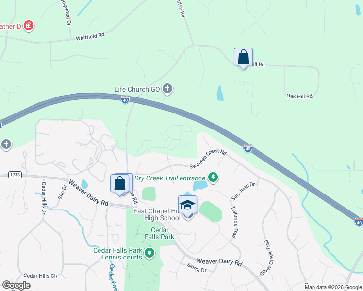 map of restaurants, bars, coffee shops, grocery stores, and more near 3806 Ginger Road in Chapel Hill