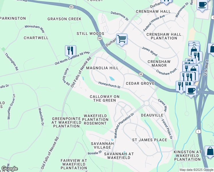 map of restaurants, bars, coffee shops, grocery stores, and more near 12447 Honeychurch Street in Raleigh