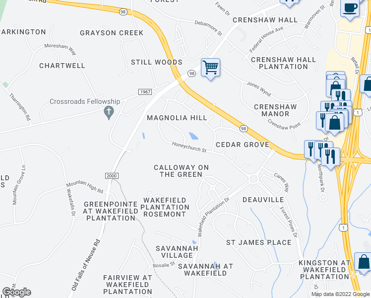 map of restaurants, bars, coffee shops, grocery stores, and more near 12447 Honeychurch Street in Raleigh