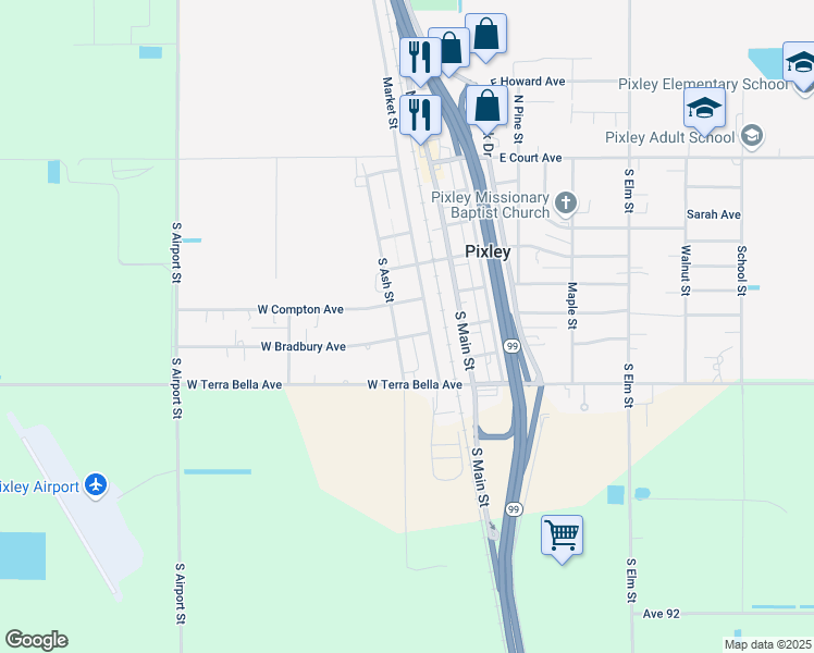 map of restaurants, bars, coffee shops, grocery stores, and more near 313 West Bradbury Avenue in Pixley