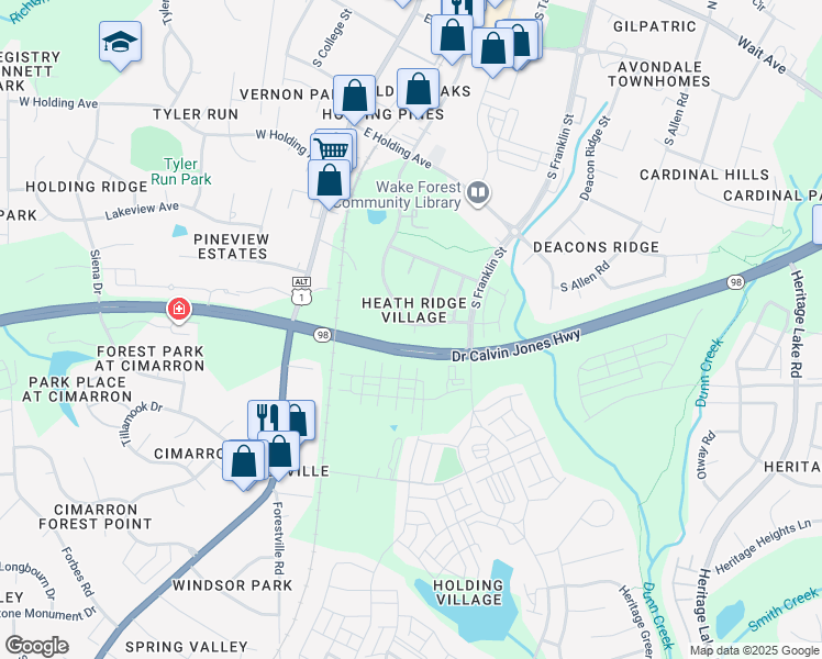 map of restaurants, bars, coffee shops, grocery stores, and more near 230 Sugar Maple Avenue in Wake Forest