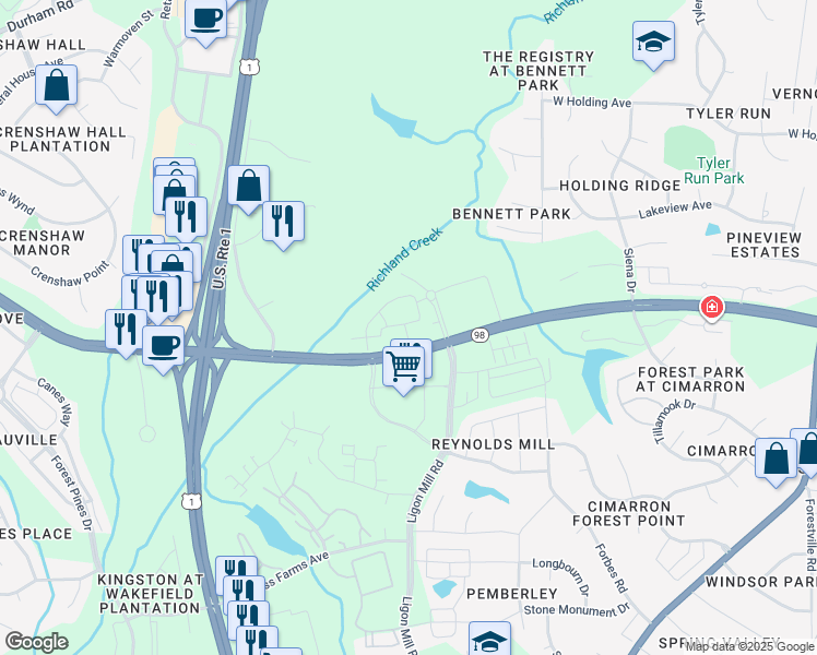map of restaurants, bars, coffee shops, grocery stores, and more near 521 Granite Grove Loop in Wake Forest