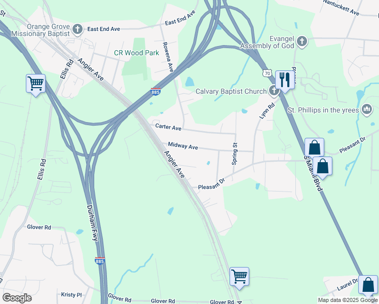 map of restaurants, bars, coffee shops, grocery stores, and more near 901 Midway Avenue in Durham