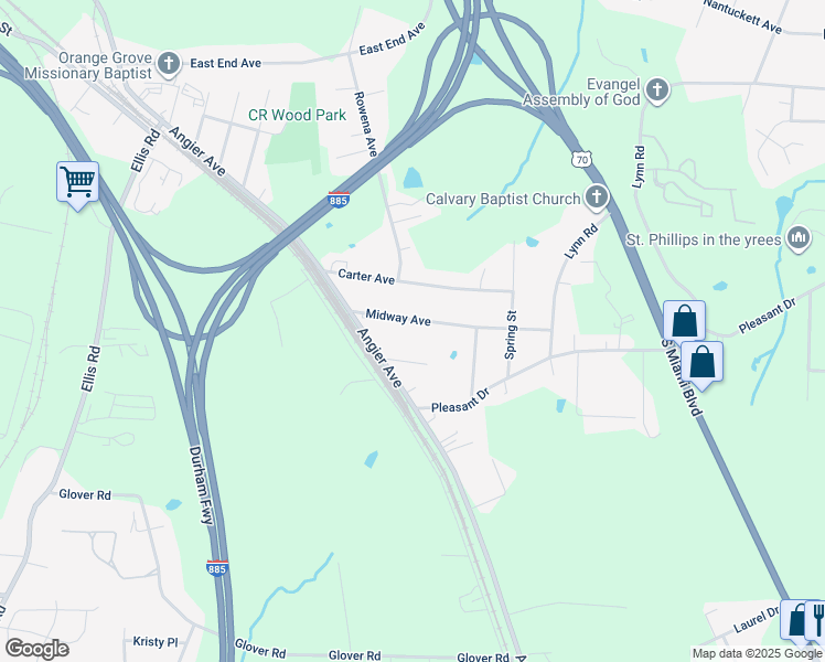 map of restaurants, bars, coffee shops, grocery stores, and more near 901 Midway Avenue in Durham