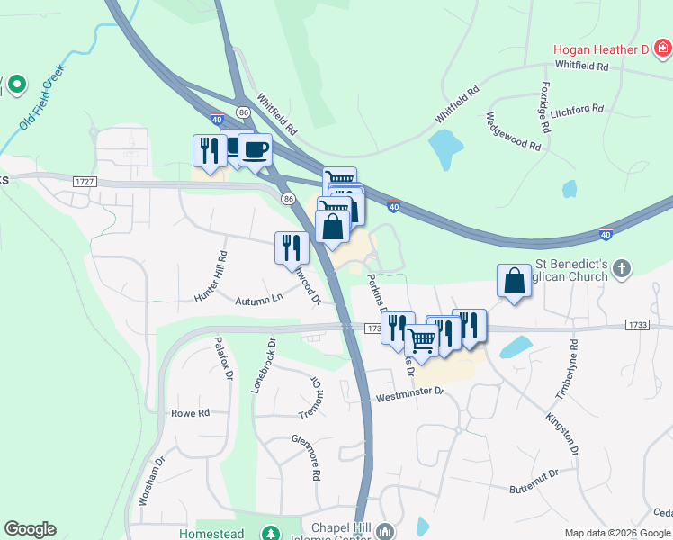 map of restaurants, bars, coffee shops, grocery stores, and more near Perkins Drive in Chapel Hill