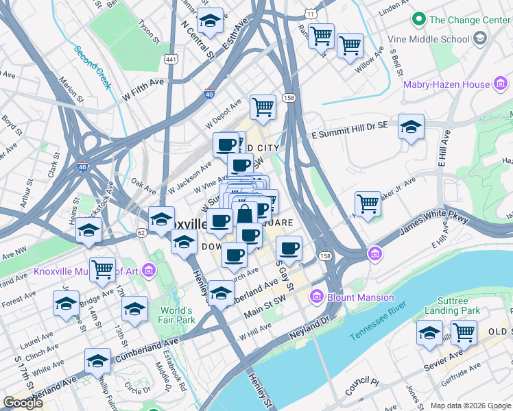map of restaurants, bars, coffee shops, grocery stores, and more near in Knoxville