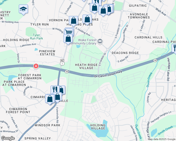 map of restaurants, bars, coffee shops, grocery stores, and more near 230 Sugar Maple Avenue in Wake Forest