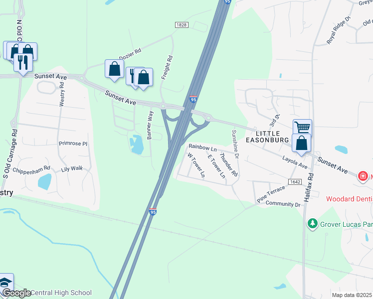 map of restaurants, bars, coffee shops, grocery stores, and more near 200 West Tower Lane in Rocky Mount