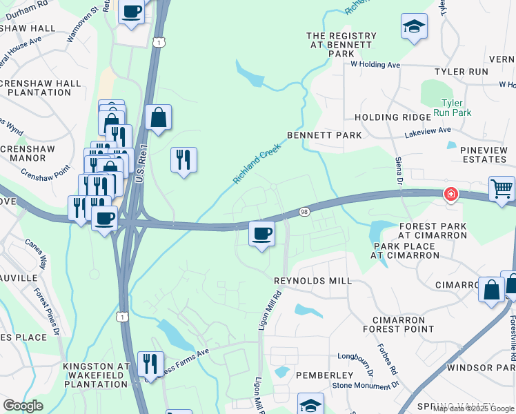 map of restaurants, bars, coffee shops, grocery stores, and more near Doctor Calvin Jones Highway in Wake Forest