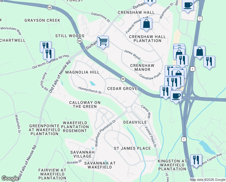 map of restaurants, bars, coffee shops, grocery stores, and more near 3303 Colorcott Street in Raleigh