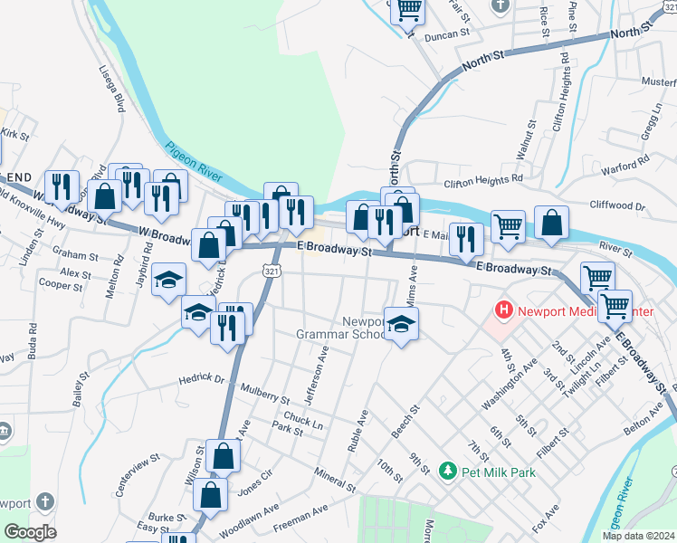 map of restaurants, bars, coffee shops, grocery stores, and more near 151 Riverview Street in Newport