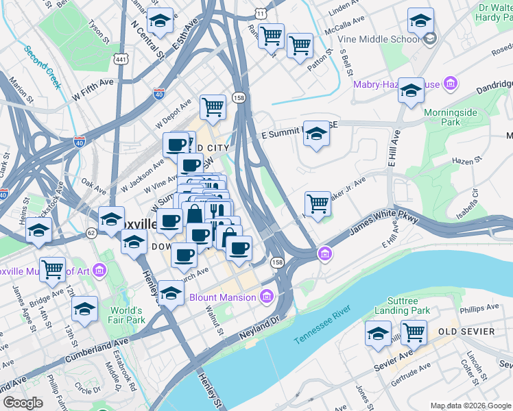 map of restaurants, bars, coffee shops, grocery stores, and more near 500 State Street in Knoxville