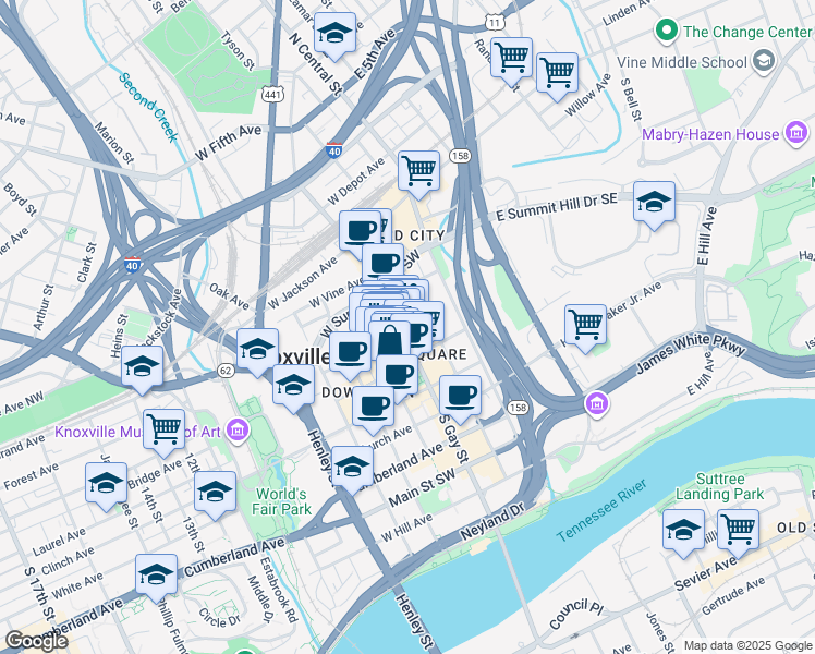 map of restaurants, bars, coffee shops, grocery stores, and more near 18 Market Square in Knoxville