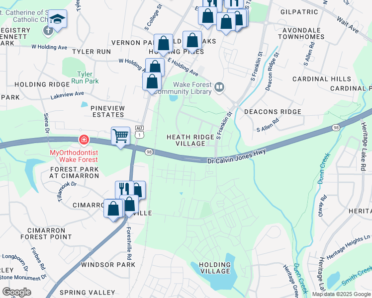 map of restaurants, bars, coffee shops, grocery stores, and more near 226 Sugar Maple Avenue in Wake Forest