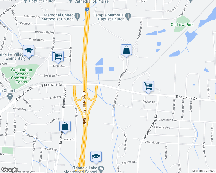 map of restaurants, bars, coffee shops, grocery stores, and more near 1958 East Martin Luther King Junior Drive in High Point