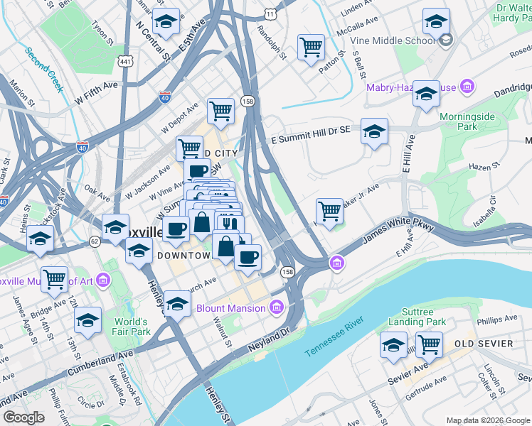 map of restaurants, bars, coffee shops, grocery stores, and more near 500 State Street in Knoxville