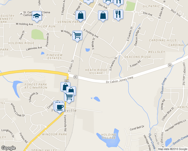 map of restaurants, bars, coffee shops, grocery stores, and more near 224 Sugar Maple Avenue in Wake Forest