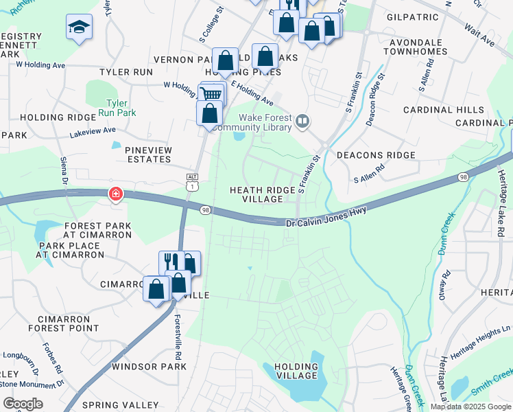 map of restaurants, bars, coffee shops, grocery stores, and more near 224 Sugar Maple Avenue in Wake Forest