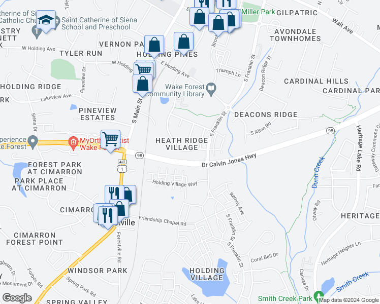 map of restaurants, bars, coffee shops, grocery stores, and more near 300 Sugar Maple Avenue in Wake Forest