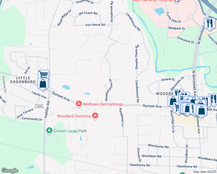 map of restaurants, bars, coffee shops, grocery stores, and more near 46 Winders Creek in Rocky Mount