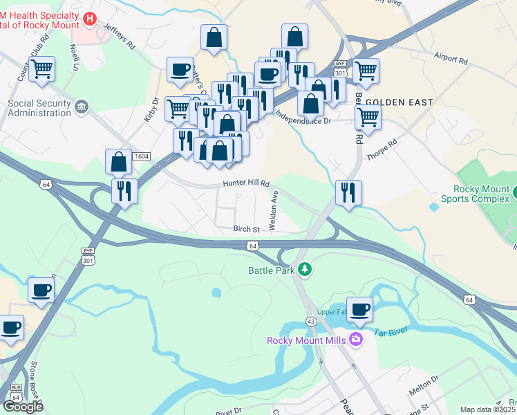 map of restaurants, bars, coffee shops, grocery stores, and more near 1401 Dogwood Avenue in Rocky Mount