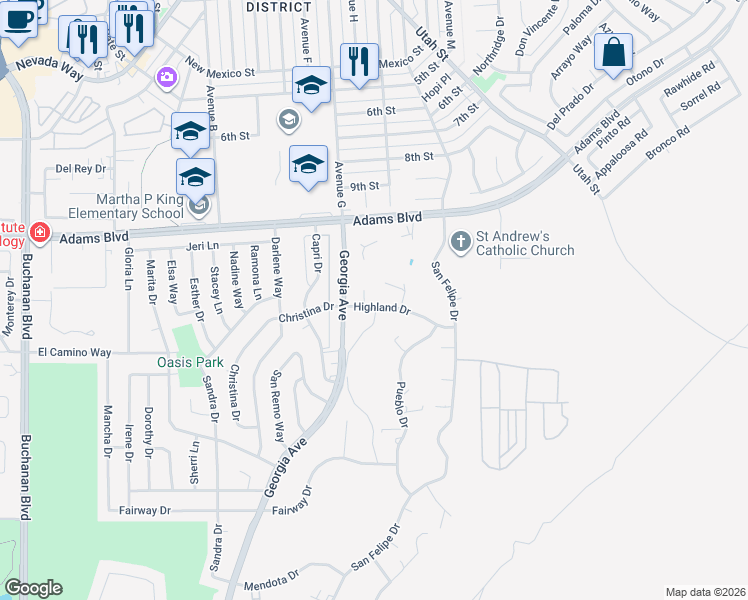 map of restaurants, bars, coffee shops, grocery stores, and more near 1319 Highland Court in Boulder City