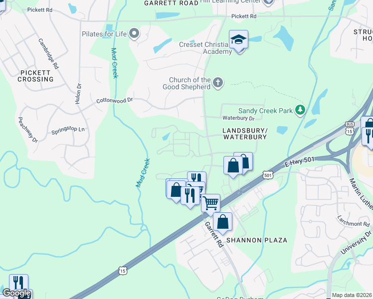 map of restaurants, bars, coffee shops, grocery stores, and more near 302 Ivy Meadow Lane in Durham