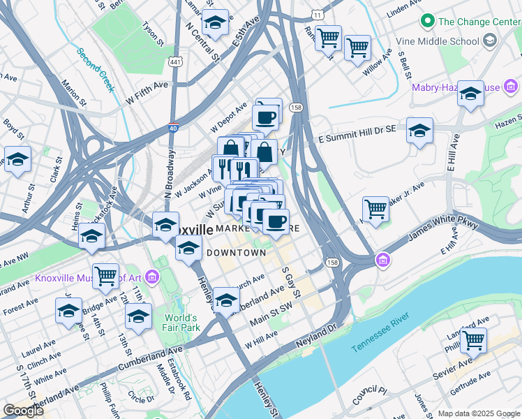 map of restaurants, bars, coffee shops, grocery stores, and more near 308 South Gay Street in Knoxville