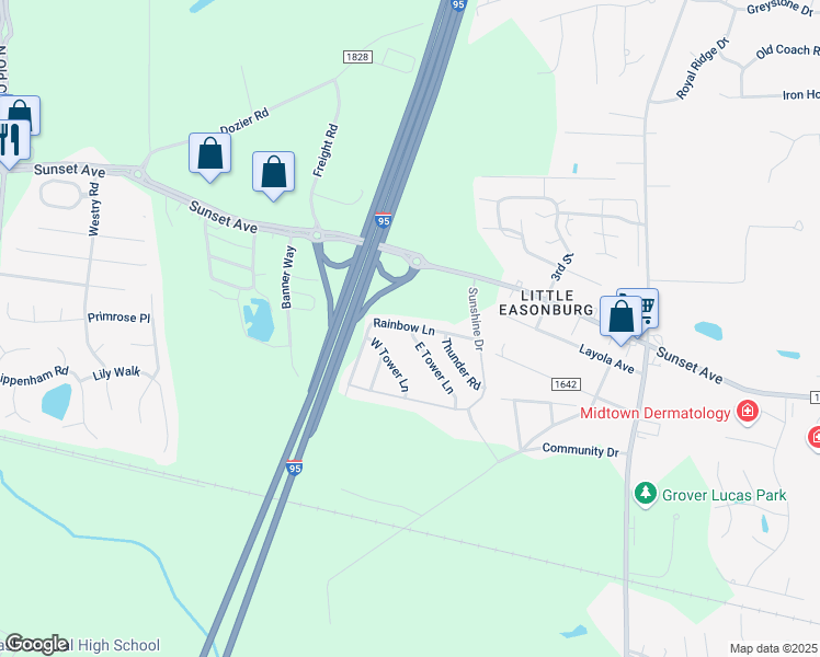 map of restaurants, bars, coffee shops, grocery stores, and more near 201 East Tower Lane in Rocky Mount