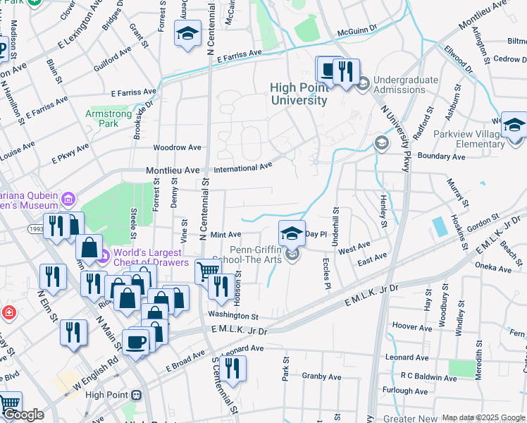 map of restaurants, bars, coffee shops, grocery stores, and more near 828 Willow Place in High Point