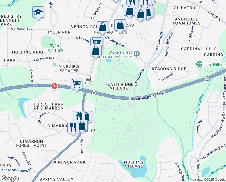 map of restaurants, bars, coffee shops, grocery stores, and more near 214 Sugar Maple Avenue in Wake Forest