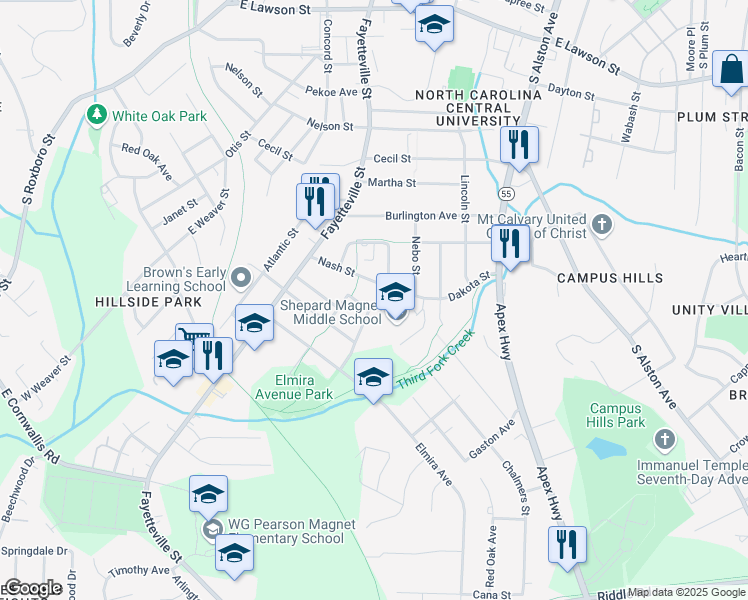 map of restaurants, bars, coffee shops, grocery stores, and more near 2401 Dakota Street in Durham