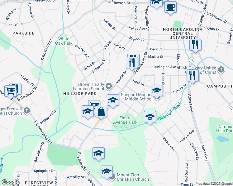 map of restaurants, bars, coffee shops, grocery stores, and more near 2710 Atlantic Street in Durham