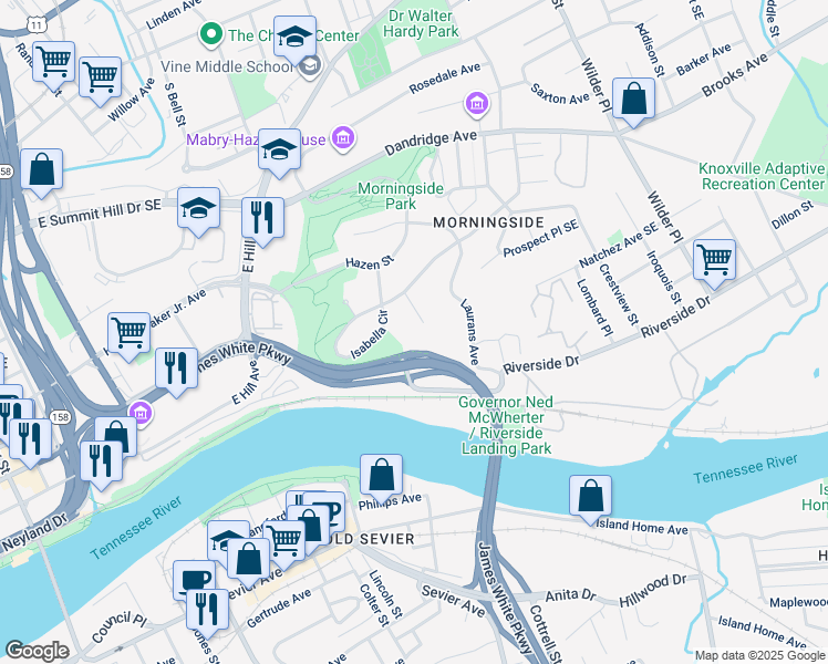 map of restaurants, bars, coffee shops, grocery stores, and more near 1109 Magnet Place Southeast in Knoxville