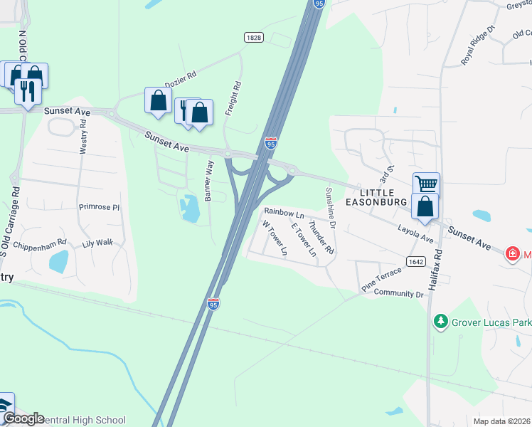 map of restaurants, bars, coffee shops, grocery stores, and more near 4516 Rainbow Lane in Rocky Mount