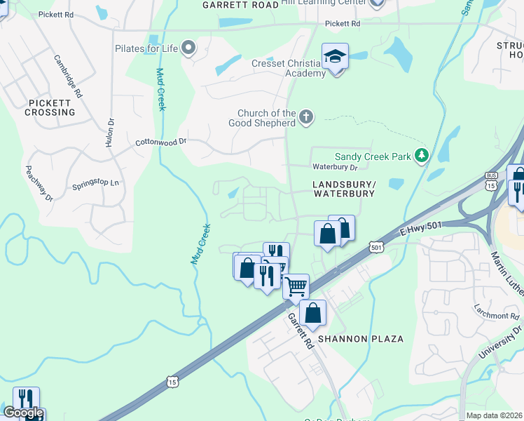 map of restaurants, bars, coffee shops, grocery stores, and more near 302 Ivy Meadow Lane in Durham