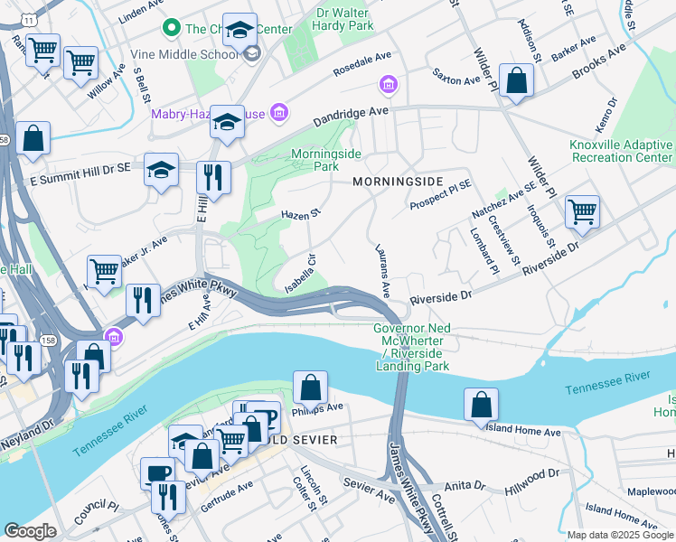 map of restaurants, bars, coffee shops, grocery stores, and more near 1109 Magnet Place Southeast in Knoxville