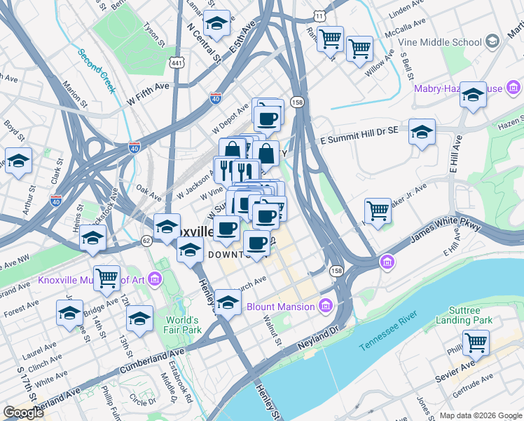 map of restaurants, bars, coffee shops, grocery stores, and more near 308 South Gay Street in Knoxville
