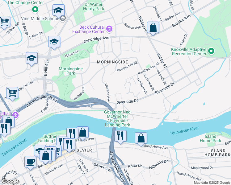 map of restaurants, bars, coffee shops, grocery stores, and more near 1715 Riverside Drive in Knoxville