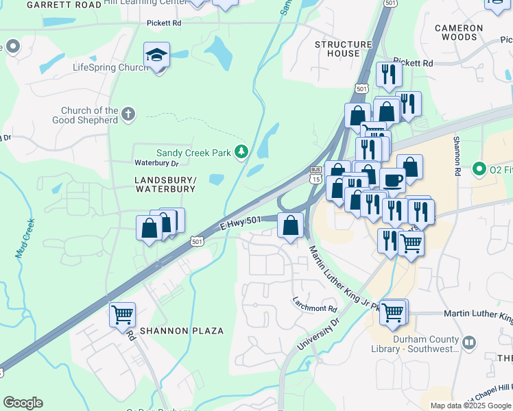 map of restaurants, bars, coffee shops, grocery stores, and more near Durham-Chapel Hill Boulevard in Durham