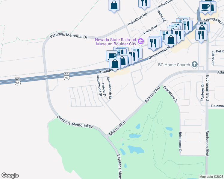 map of restaurants, bars, coffee shops, grocery stores, and more near 1297 Shenandoah Street in Boulder City