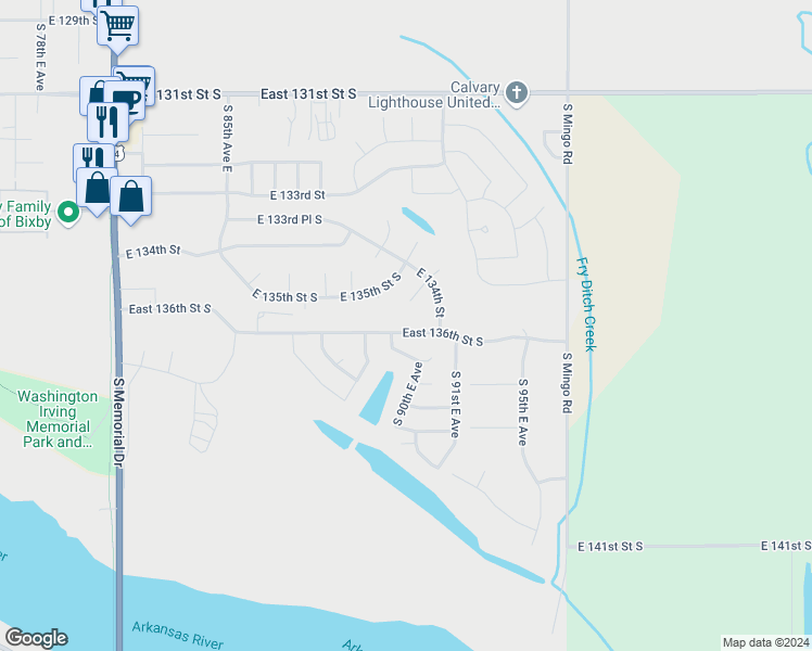 map of restaurants, bars, coffee shops, grocery stores, and more near 9025 East 136th Street South in Bixby